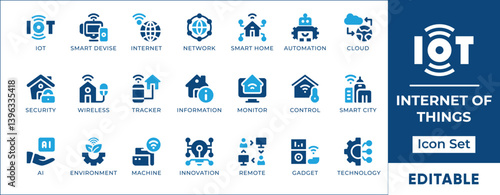 Modern flat-style IoT icon set featuring smart devices, connected home, automation, sensors, cloud syncing, data transfer, and real-time monitoring for smart living.