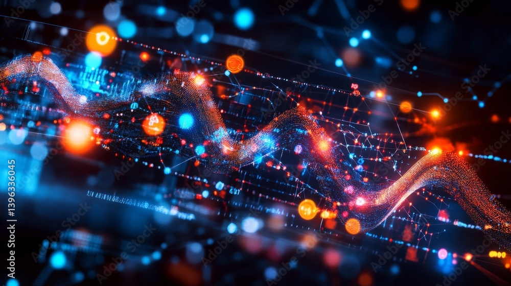 Wavy network of blue and orange points, interconnected by thin lines, creates a futuristic, vibrant design Wavy network of blue and orange points, interconnected by thin lines, creates a futuristic, vibrant design
