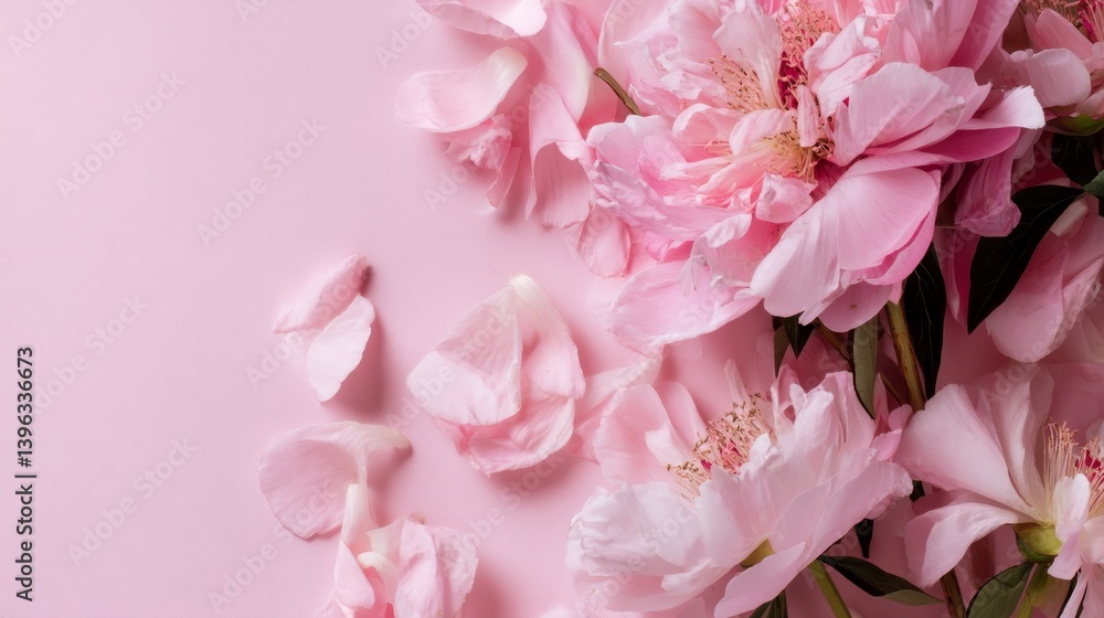 Fototapeta premium Close-up of blooming pink peony flowers and scattered petals on soft floral background. Elegant pastel composition symbolizing beauty, romance, nature, freshness, and spring season aesthetics
