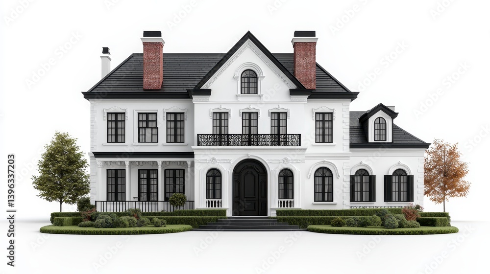 Large White and Black Mansion with Symmetrical Design and Manicured Landscaping Large White and Black Mansion with Symmetrical Design and Manicured Landscaping