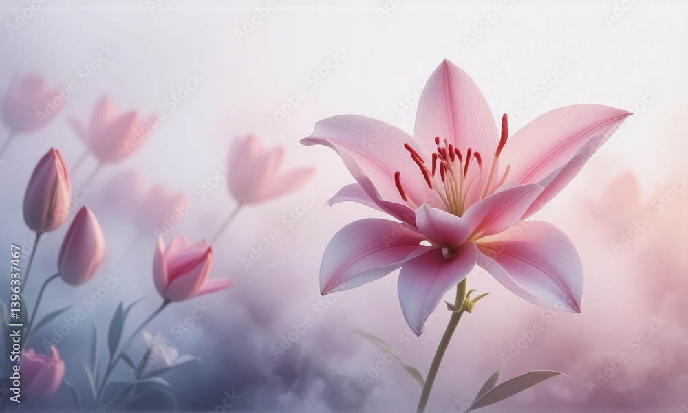 Fototapeta premium Soft pink lilies and tulips gently bloom in a serene and dreamy setting with a soft blurred background, creating a delicate floral composition.