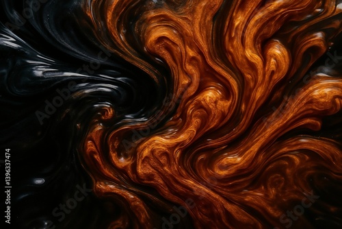 Abstract Fluid Art Background with Swirling Black and Copper Patterns