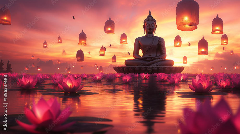 Peaceful Buddha Statue Surrounded by Floating Lanterns and Lotus Flowers at Sunset During Buddha Purnima Festival Celebration
Peaceful Buddha Statue Surrounded by Floating Lanterns and Lotus Flowers at Sunset During Buddha Purnima Festival Celebration
