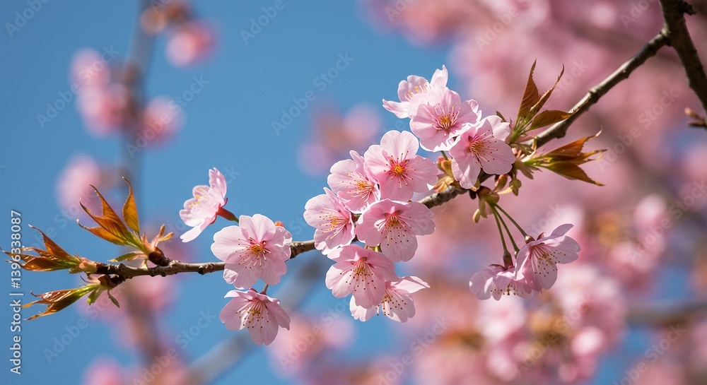 Cherry Blossom Branch Against Spring Sky Delicate Pink Petals Trembling In Breeze Bud Scales Still Clinging To Emerging Leaves Cherry Blossom Branch Against Spring Sky Delicate Pink Petals Trembling In Breeze Bud Scales Still Clinging To Emerging Leaves