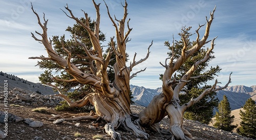 Bristlecone Pine In High Altitude Gnarled Trunk Shaped By Millennia Of Wind Surviving Needles On Weathered Branches