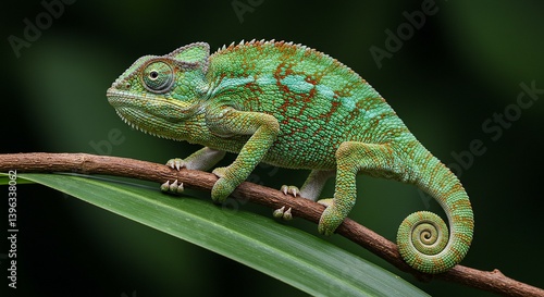 Chameleon Gripping Tropical Branch Independently Rotating Eyes And Coiled Tail Color Changing Skin Texture Visible