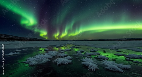Frost Feathers Forming On Subarctic Lake Delicate Ice Crystals Growing Overnight Aurora Reflections In Dark Open Water