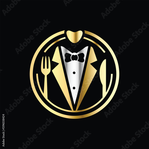Restaurant logo design vector template. Luxury restaurant logotype. Tuxedo logo template vector illustration. Elegant elegant suit with bow tie and fork.
