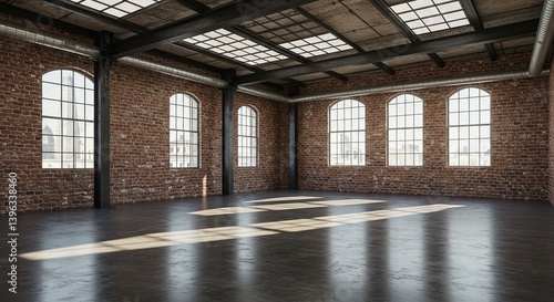 Industrial Converted Warehouse Loft Exposed Brick Walls And Steel Beams Midday Light Highlighting Polished Concrete Floors