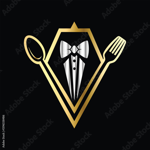 Restaurant logo design vector template. Luxury restaurant logotype. Tuxedo logo template vector illustration. Elegant elegant suit with bow tie and fork.
