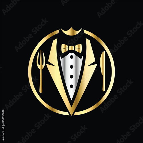 Restaurant logo design vector template. Luxury restaurant logotype. Tuxedo logo template vector illustration. Elegant elegant suit with bow tie and fork.
