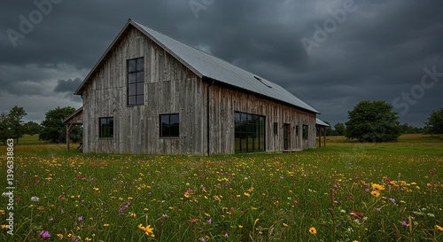 Rustic Barn Conversion Under Stormy Skies Reclaimed Wood Siding Contrasting With Steel Framed Windows Wildflower Meadow In Foreground