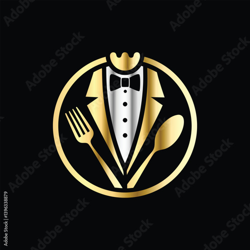 Restaurant logo design vector template. Luxury restaurant logotype. Tuxedo logo template vector illustration. Elegant elegant suit with bow tie and fork.
