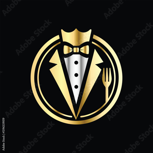 Restaurant logo design vector template. Luxury restaurant logotype. Tuxedo logo template vector illustration. Elegant elegant suit with bow tie and fork.
