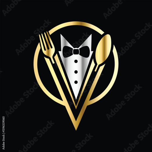 Restaurant logo design vector template. Luxury restaurant logotype. Tuxedo logo template vector illustration. Elegant elegant suit with bow tie and fork.
