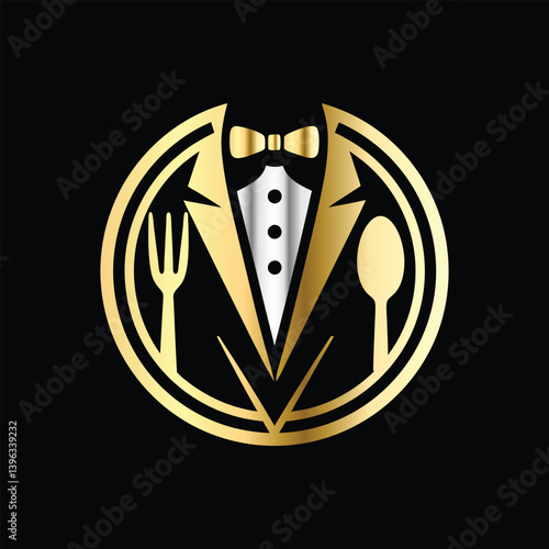 Restaurant logo design vector template. Luxury restaurant logotype. Tuxedo logo template vector illustration. Elegant elegant suit with bow tie and fork.
