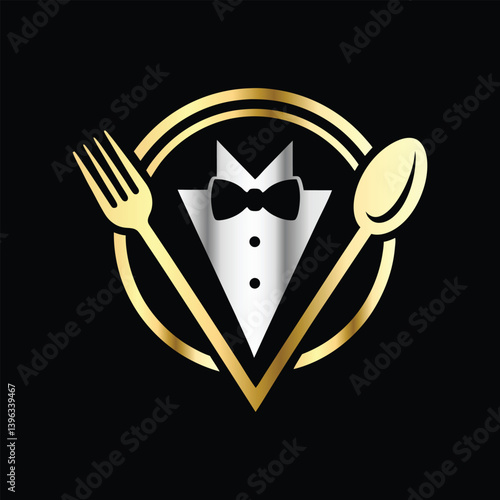 Restaurant logo design vector template. Luxury restaurant logotype. Tuxedo logo template vector illustration. Elegant elegant suit with bow tie and fork.
