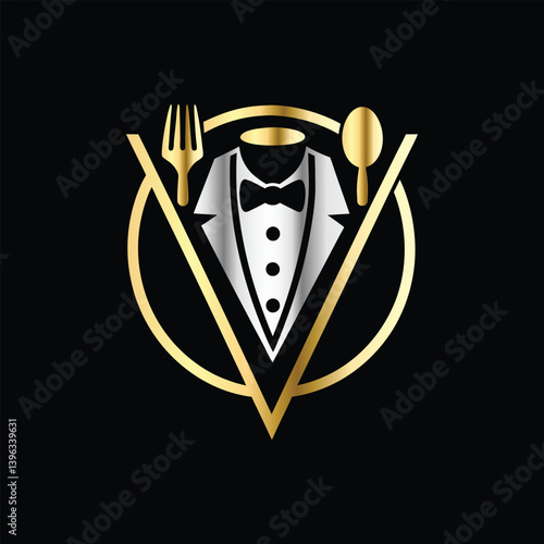Restaurant logo design vector template. Luxury restaurant logotype. Tuxedo logo template vector illustration. Elegant elegant suit with bow tie and fork.
