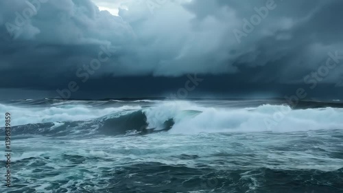 A turbulent ocean scene under a moody sky, showcasing powerful waves and dark clouds.