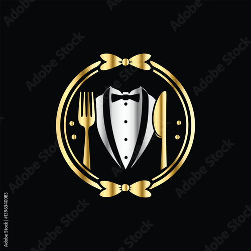 Restaurant logo design vector template. Luxury restaurant logotype. Tuxedo logo template vector illustration. Elegant elegant suit with bow tie and fork.
