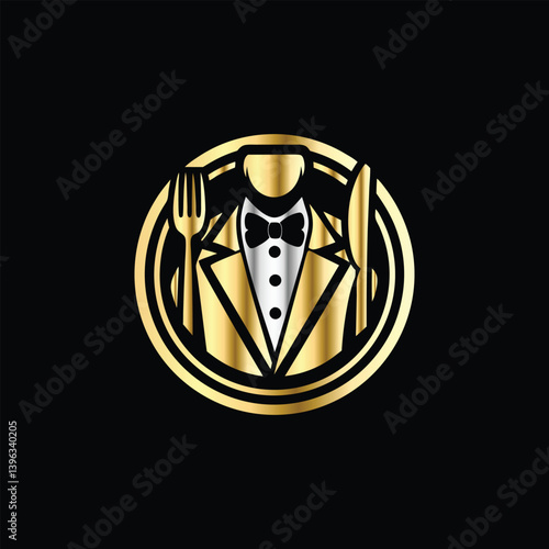 Restaurant logo design vector template. Luxury restaurant logotype. Tuxedo logo template vector illustration. Elegant elegant suit with bow tie and fork.
