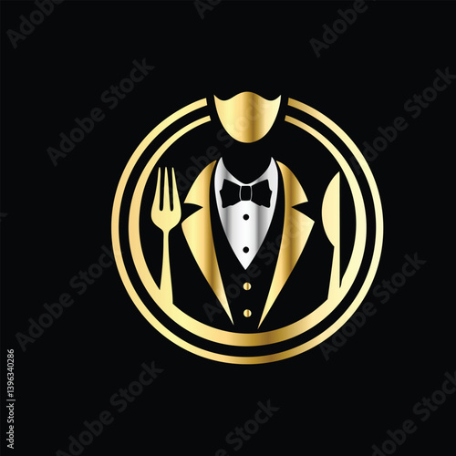Restaurant logo design vector template. Luxury restaurant logotype. Tuxedo logo template vector illustration. Elegant elegant suit with bow tie and fork.
