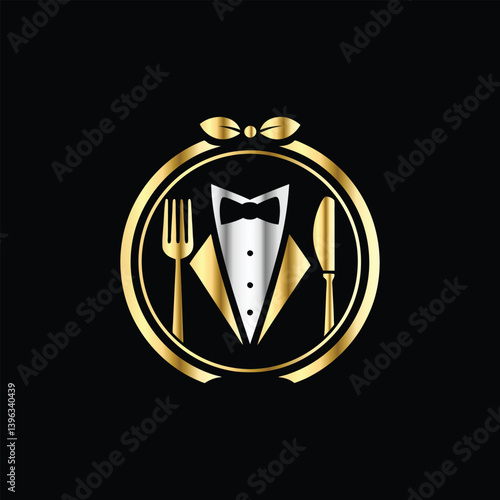 Restaurant logo design vector template. Luxury restaurant logotype. Tuxedo logo template vector illustration. Elegant elegant suit with bow tie and fork.
