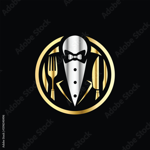 Restaurant logo design vector template. Luxury restaurant logotype. Tuxedo logo template vector illustration. Elegant elegant suit with bow tie and fork.
