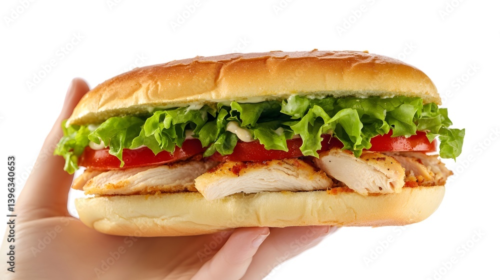 Hand holding a delicious chicken sandwich with fresh lettuce and juicy tomatoes, a perfect meal for a tasty and satisfying experience. Hand holding a delicious chicken sandwich with fresh lettuce and juicy tomatoes, a perfect meal for a tasty and satisfying experience.