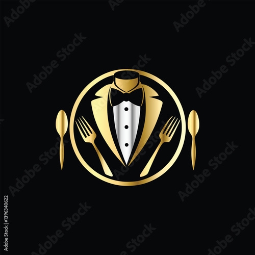 Restaurant logo design vector template. Luxury restaurant logotype. Tuxedo logo template vector illustration. Elegant elegant suit with bow tie and fork.
