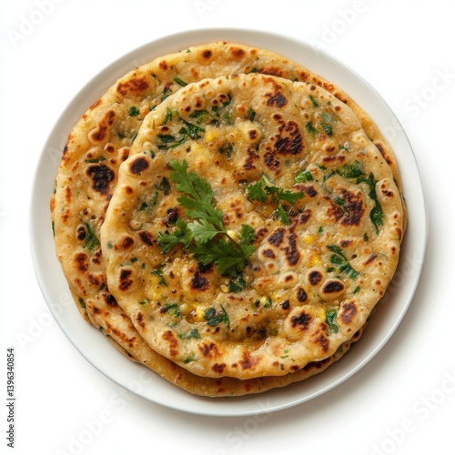 A top view of a plate of aloo paratha with curd, isolated on a white background