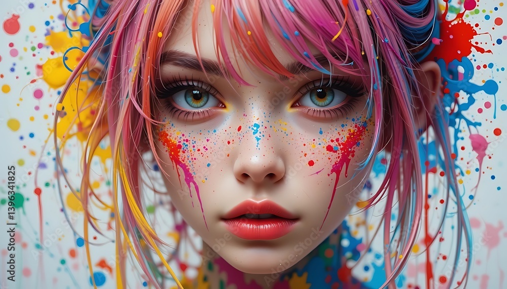 A vibrant close-up portrait of a young person with striking blue eyes and colorful paint splatters across their face and hair, creating an artistic and whimsical effect. A vibrant close-up portrait of a young person with striking blue eyes and colorful paint splatters across their face and hair, creating an artistic and whimsical effect.