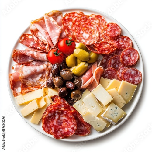 A top view of a plate of antipasto platter with cured meats and cheeses, isolated on a white background 