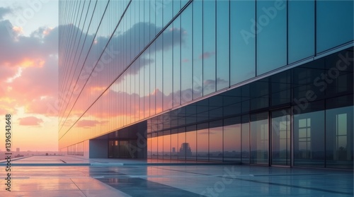 Modern business building on empty evening square. Building with glass facade on sunset sky background