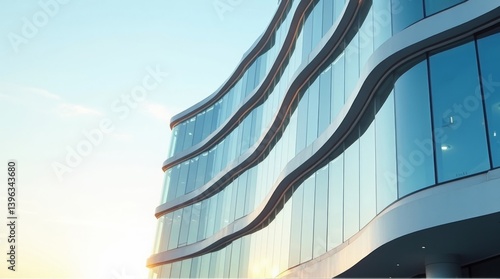 Modern glass business building or center. Close up photo of skyscraper on blue sky background