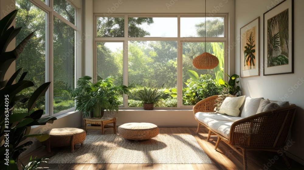Fototapeta premium A sunlit room with plants and views of an outdoor garden