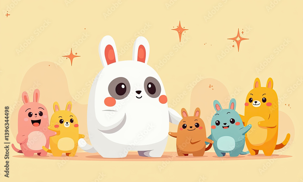 Naklejka premium Cute Bunny & Friends Cartoon Illustration - Kawaii aesthetic