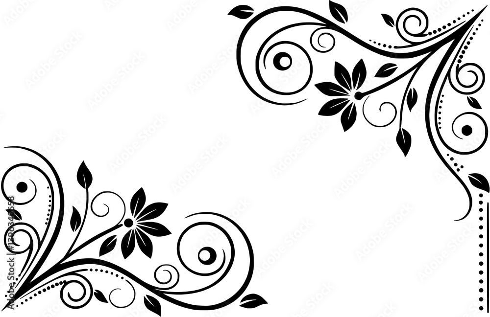 Ornate Black Floral Corner Design Elements with Swirls Ornate Black Floral Corner Design Elements with Swirls