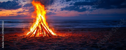 Vibrant bonfire on the beach celebrating the summer solstice, with bright orange flames lighting up the evening