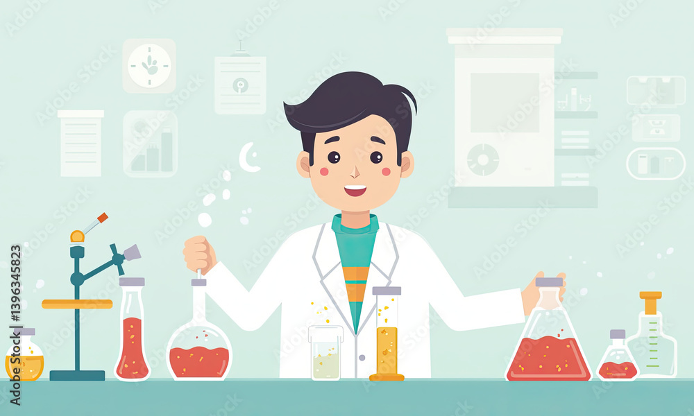 Young Scientist Lab Experiment Cartoon Illustration - Flat design i. Young Scientist Lab Experiment Cartoon Illustration - Flat design i.