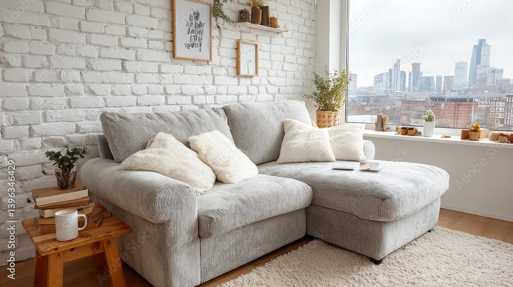 Obraz premium Cozy Grey Sectional Sofa in Modern Living Room with City View