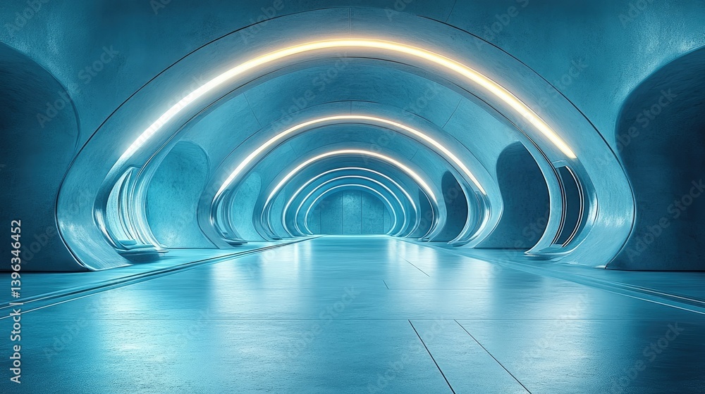 Obraz premium Futuristic blue tunnel, glowing arches, empty space, architectural render, sci-fi design