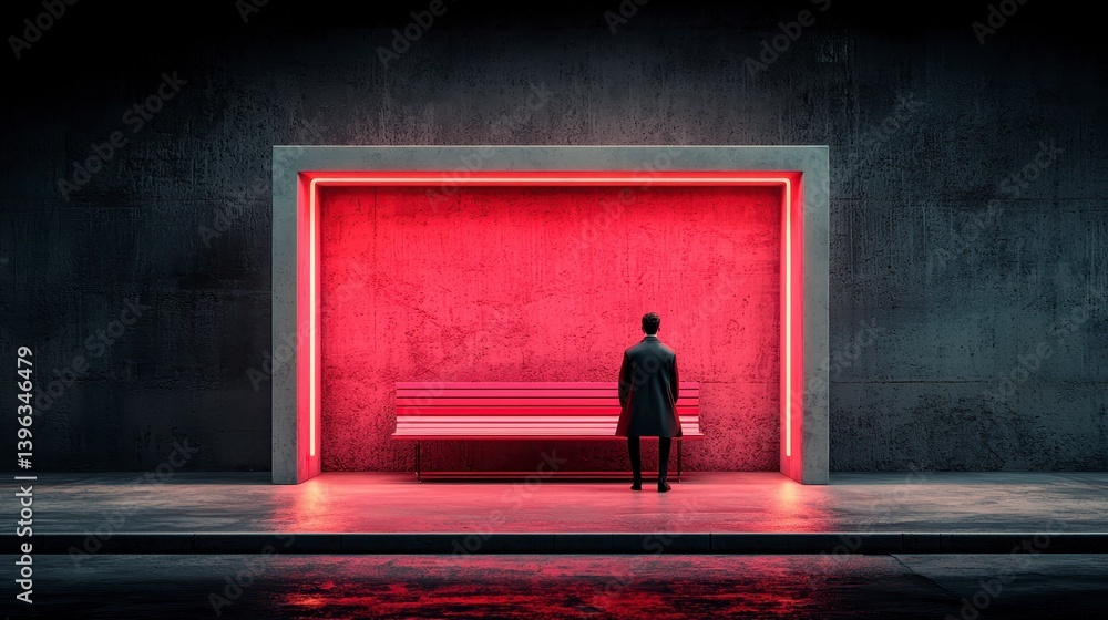 Obraz premium Man Waiting at a Pink Neon Bus Stop at Night