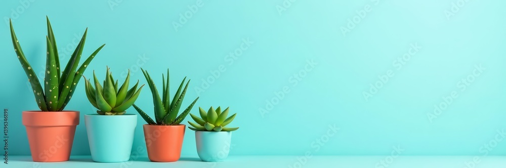 Vibrant aloe plants in various pots on soft pastel blue background with copy space, aloe, green Vibrant aloe plants in various pots on soft pastel blue background with copy space, aloe, green