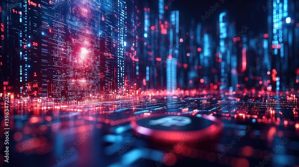 Futuristic city, digital coin, glowing, data, night Futuristic city, digital coin, glowing, data, night