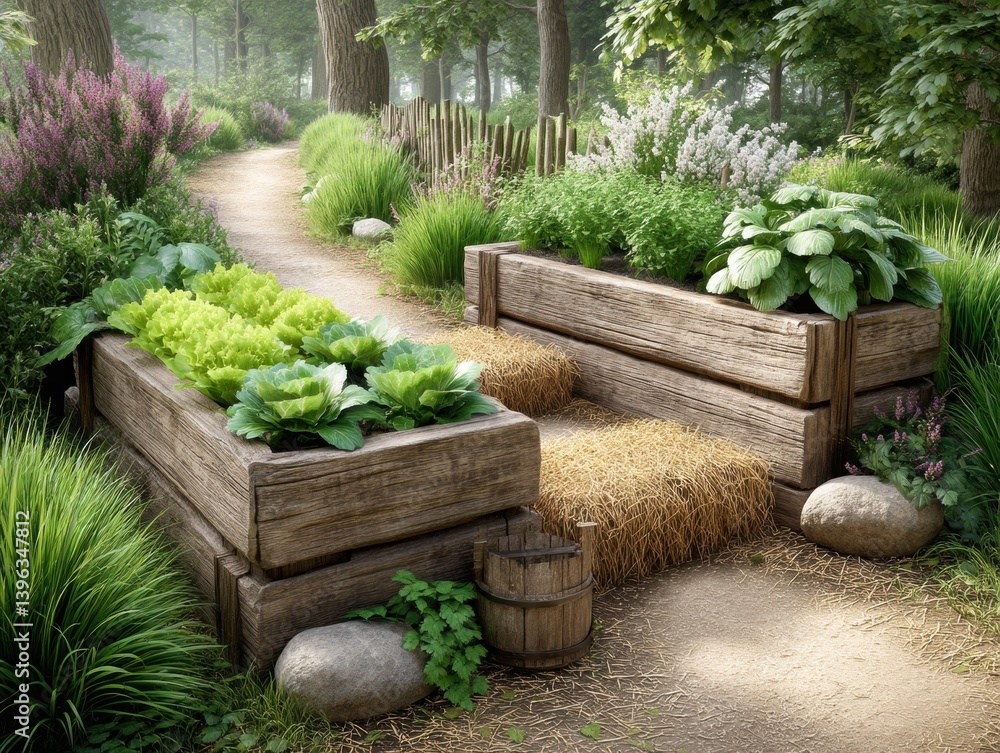 Fototapeta premium Explore the Beauty of an Eco-Friendly Garden with a Cozy Wooden Bench Surrounded by Lush Plants