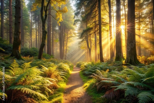 Golden Sunlight Illuminates a Serene Forest Path, Bathed in the Warm Glow of Dawn, Ferns Lining the Way