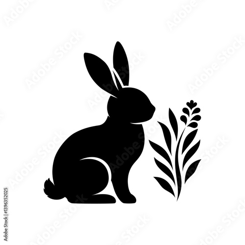 Sylwetka królika. Zając i graficzna roślina. Wielkanocna ilustracja w prostym stylu na kartki świąteczne, banery, życzenia i do innych projektów.