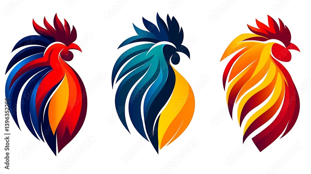 Colorful Rooster Trio Vibrant Logo Designs.