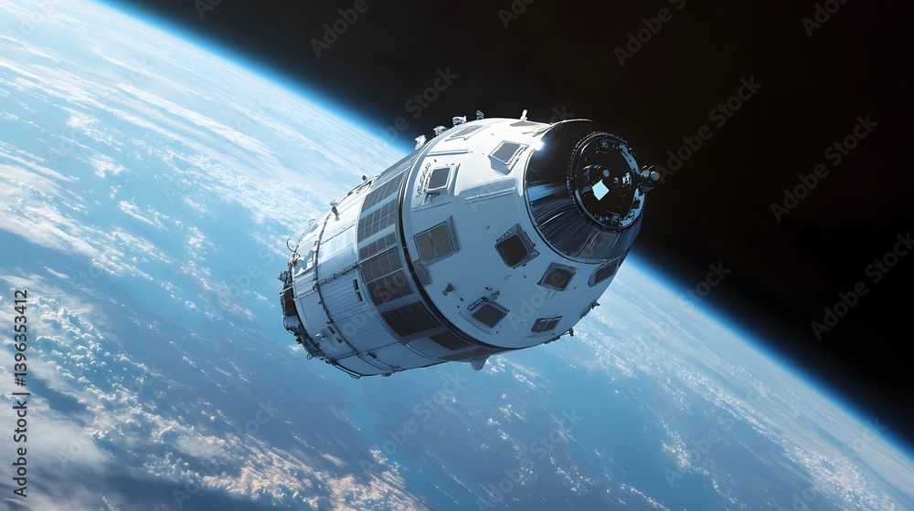 Fototapeta premium Spacecraft orbits earth with blue planet and dark space background.
